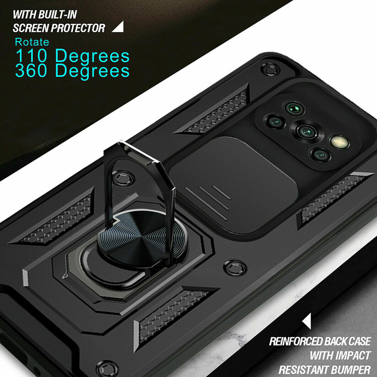 Protectores para celular  para Xiaomi  Pocophone Poco X3 NFC Funda reforzada con anillo v3 cubre c�mara Negro